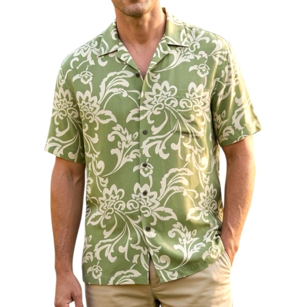Saltaire‎ 100% Silk Floral Camp Shirt Men's M Green Paisley Y2K Aloha Tropical